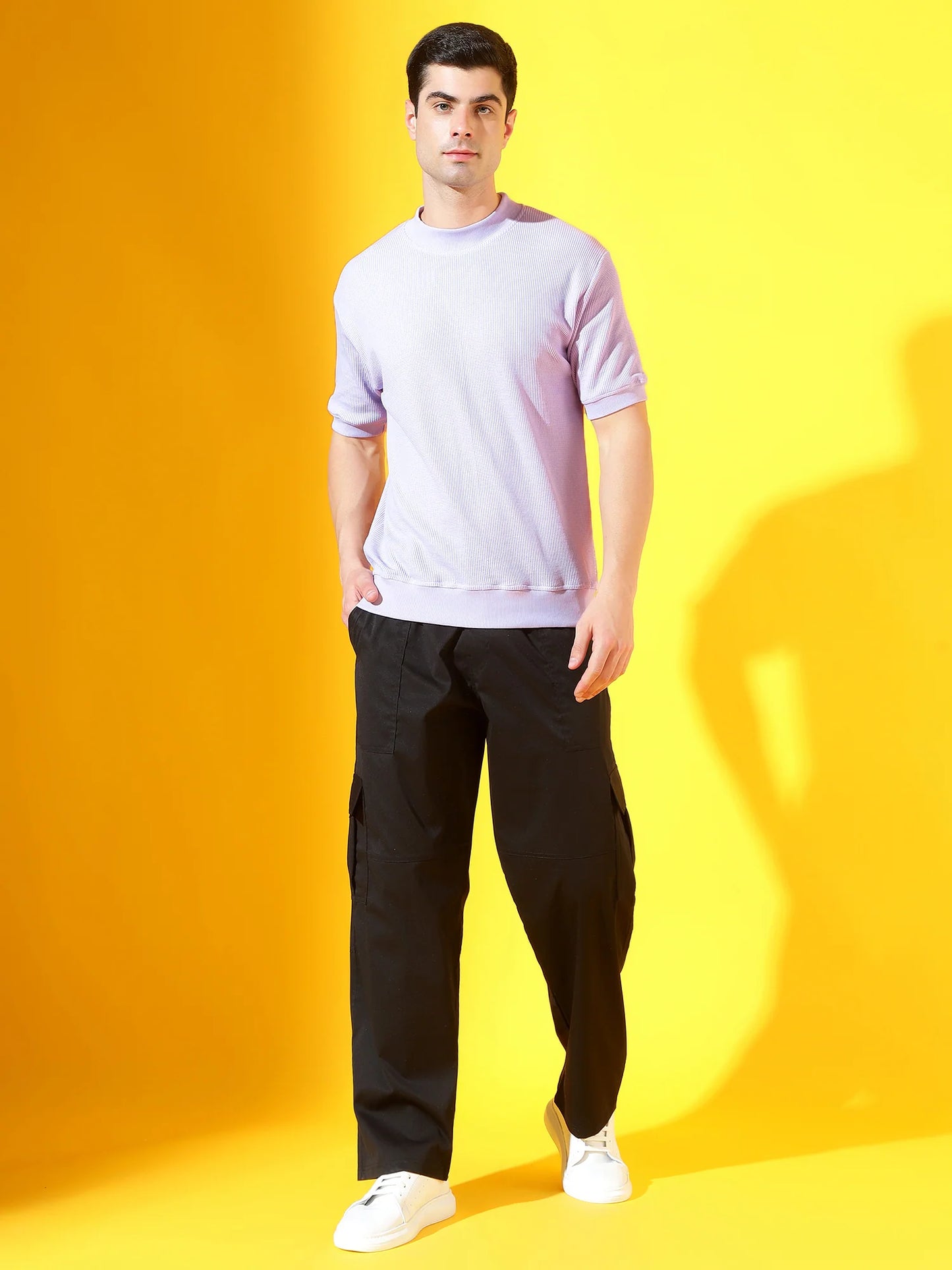 CustomVilla Lavender T-Neck Cotton T-Shirt | Textured Waffle Knit