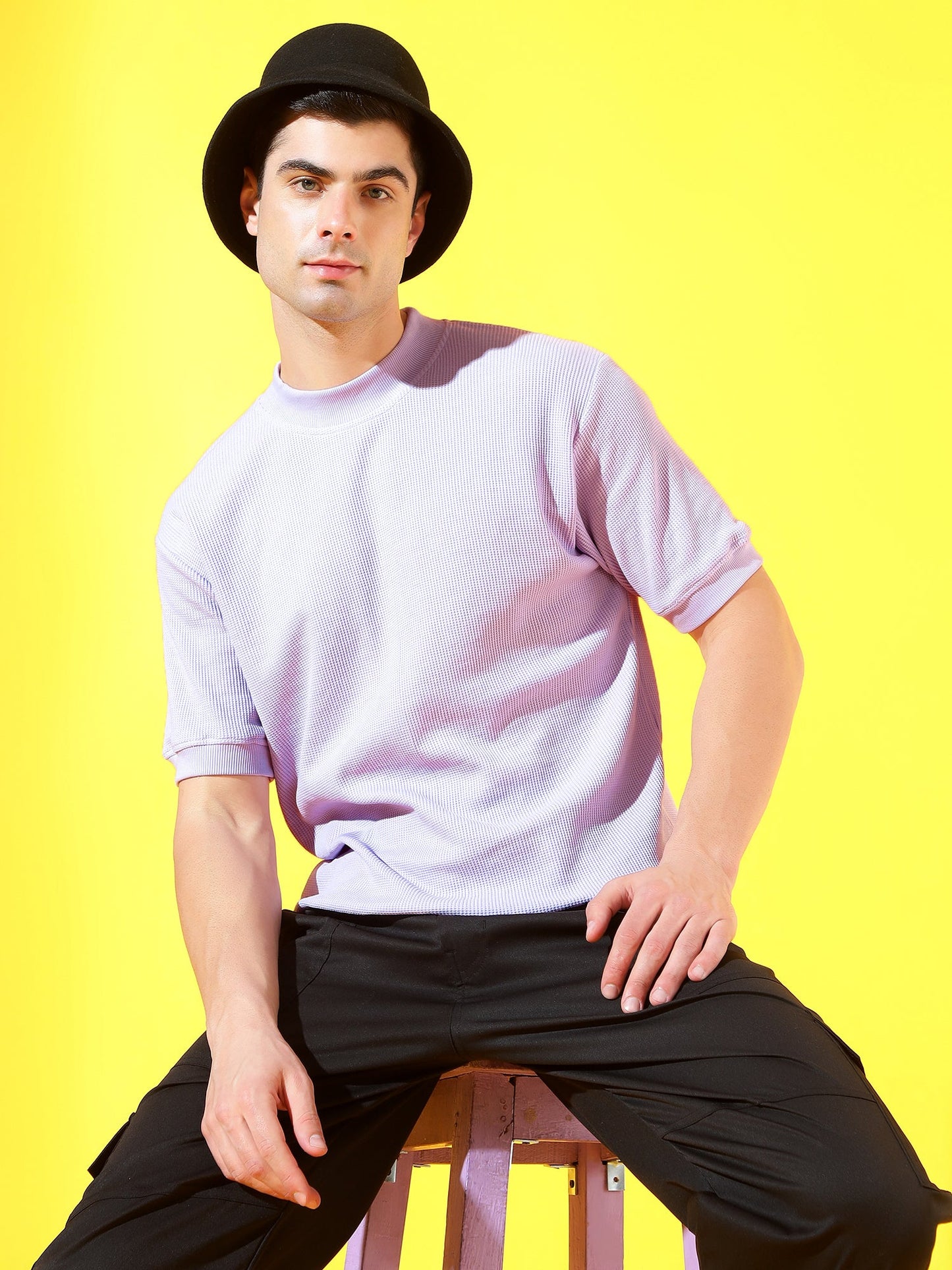 CustomVilla Lavender T-Neck Cotton T-Shirt | Textured Waffle Knit