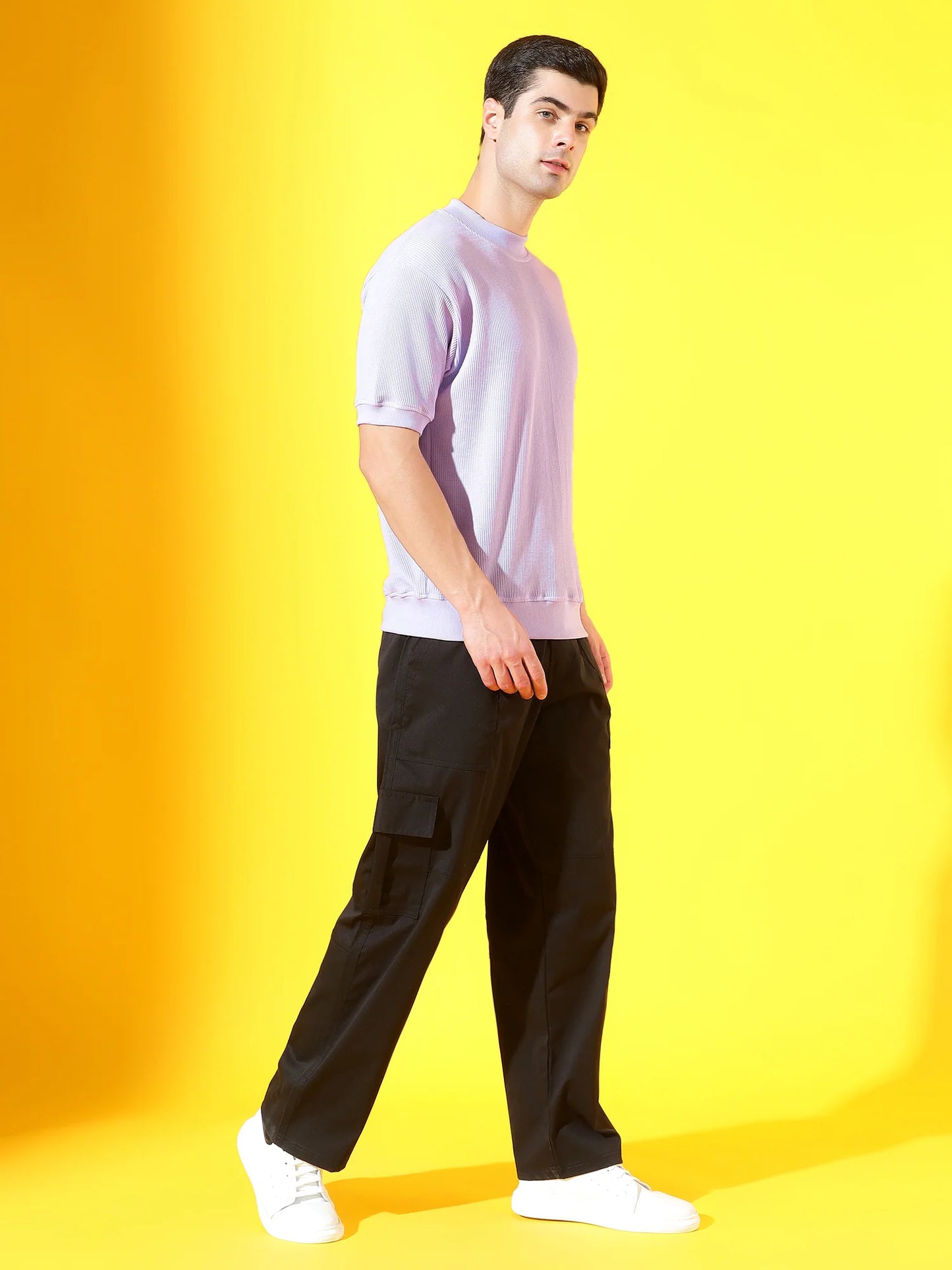 CustomVilla Lavender T-Neck Cotton T-Shirt | Textured Waffle Knit